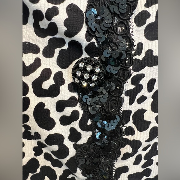 VTG 80s 2 Piece Suit Blazer Jacket Skirt Black White Leopard Print Sequin Trim 6 - Picture 4 of 13